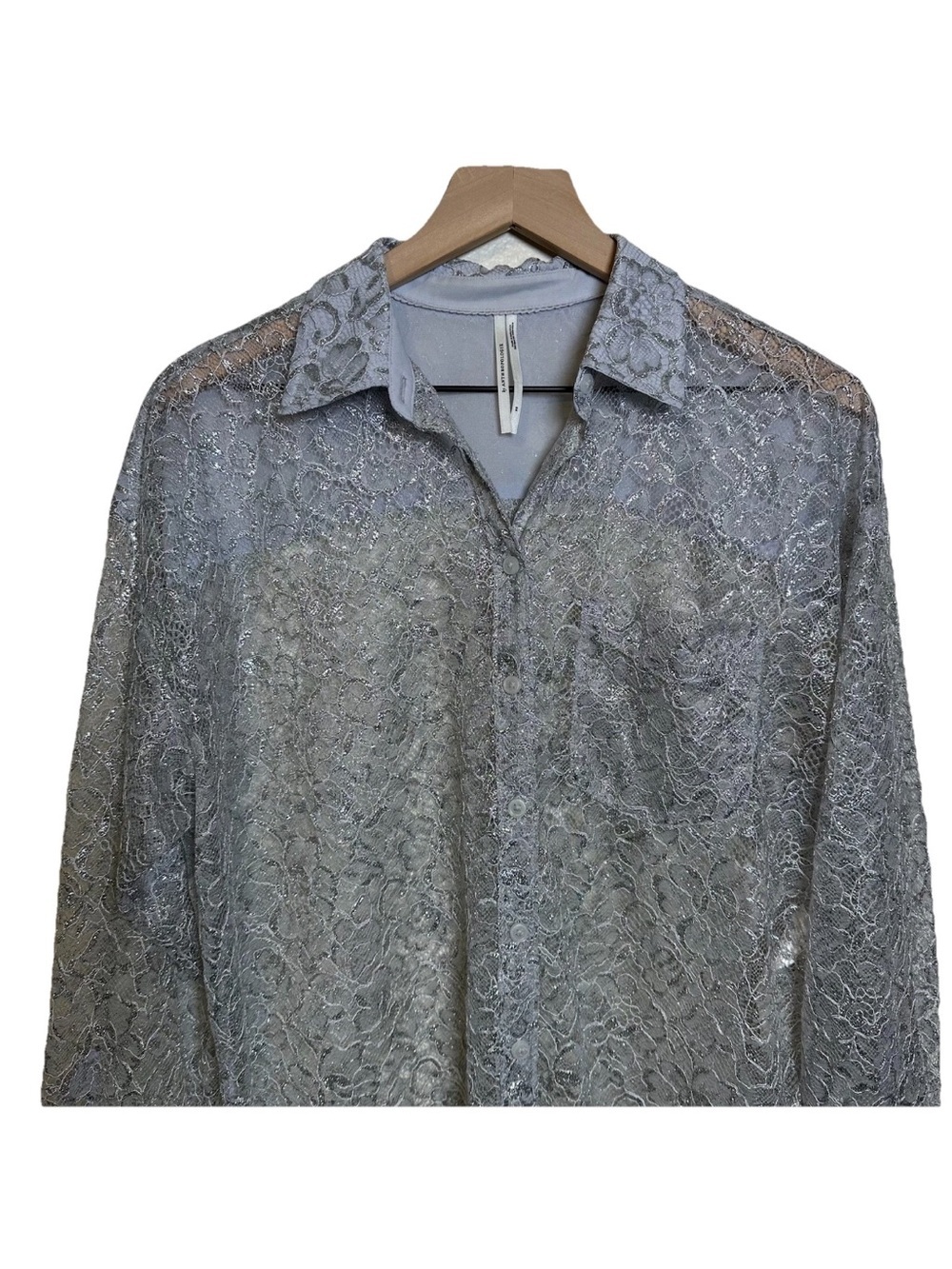 By Anthropologie Metallic Lace Buttondown Shirt Sz XS GRAY Part Top Long Sleeve - Picture 7 of 14